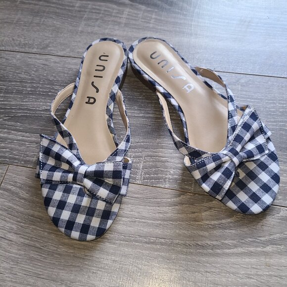 Unisa Sandals Blue White Checkered Flats Bow Sz 6.5M Country Chic Slip On - Picture 1 of 6